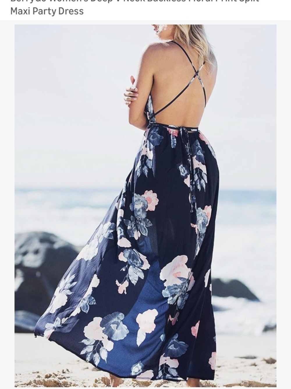 Bohemian Floral Navy Maxi Party Dress with Cross-Back Straps - Picture 4 of 5